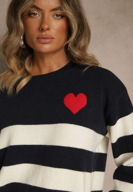 Granatowy Prosty Sweter z Domieszką Kaszmiru Zdobiony Wzorem w Pasy Tarvane