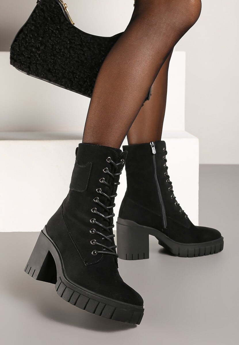 Czarne Botki na Słupku i Platformie ze Sznurowaniem Ameni
