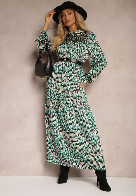 Zielona Rozkloszowana Sukienka Koszulowa w Fantazyjny Print Alendia