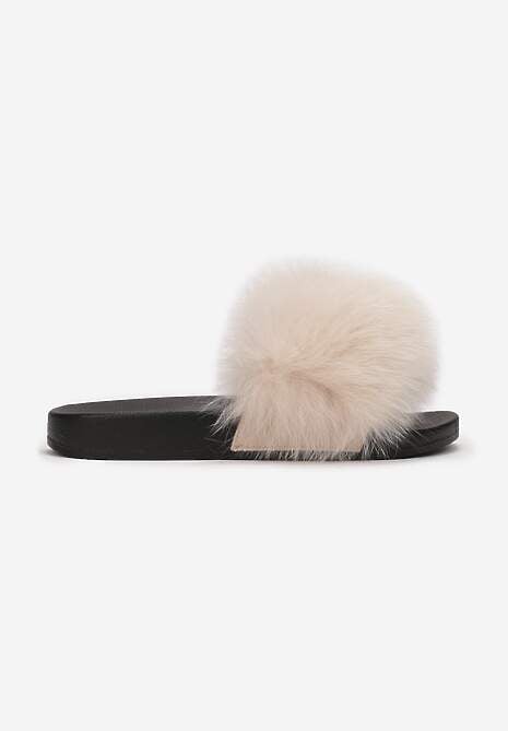 Jasnobeżowe Klapki z Futrem Turtlefeather
