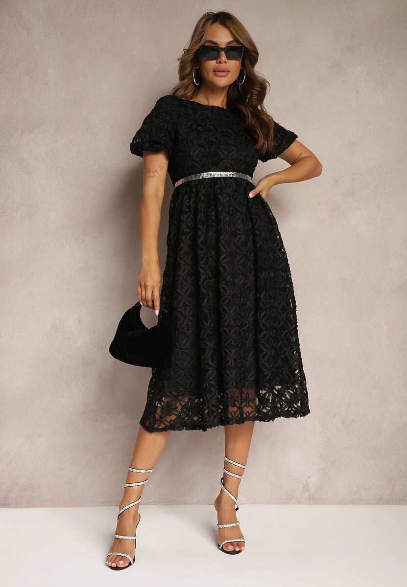 Czarna Sukienka z Tiulem we Wzory o Rozkloszowanym Fasonie Zorbia