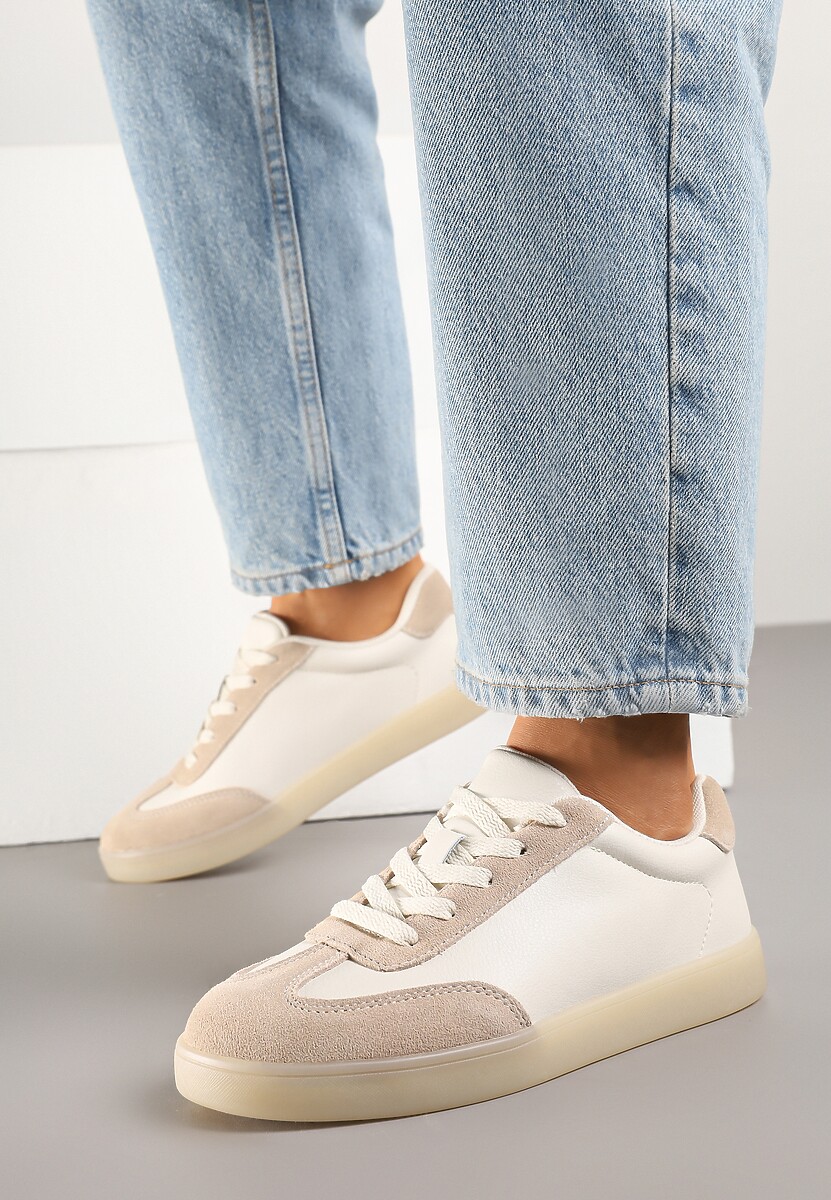 Beżowe Skórzane Sneakersy Ozdobione Perforacją Tulozi