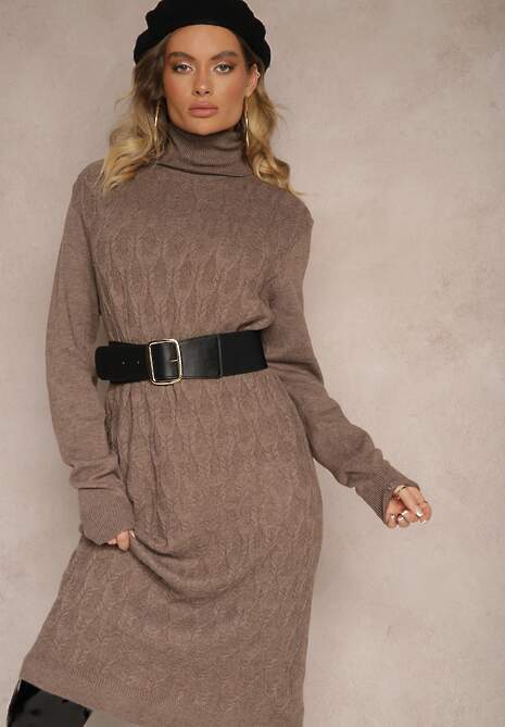 Brązowa Pudełkowa Sukienka Sweterkowa z Golfem Bawełną i Wełną Elanavia