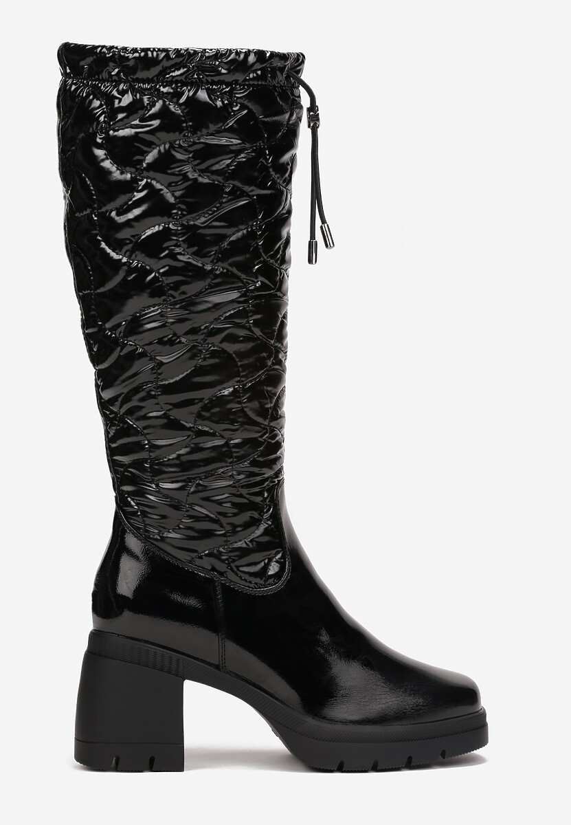 Czarne Lakierowane Kozaki na Słupku z Pikowaną Cholewką Zaka