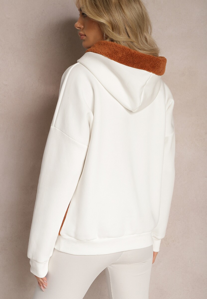 Biała Bluza z Bawełny z Ozdobną Naszywką z Misiem i Polarowym Kapturem Hecatia