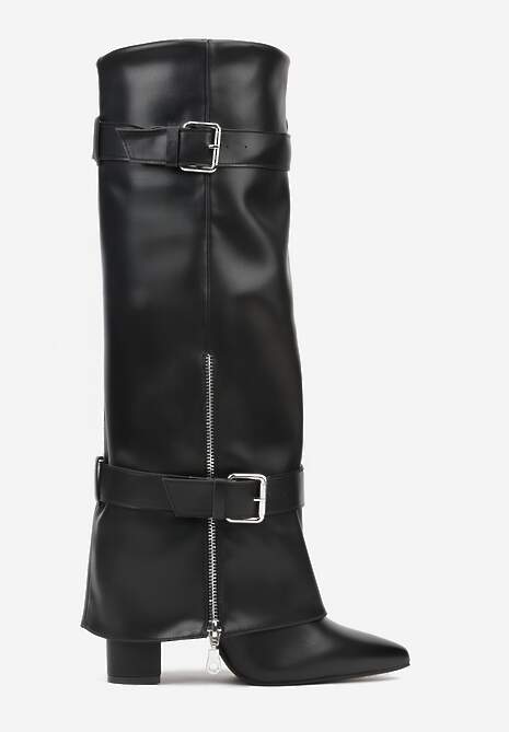 Czarne Kozaki na Słupku z Cholewką Imitującą Nogawkę ze Sprzączkami Unwedara