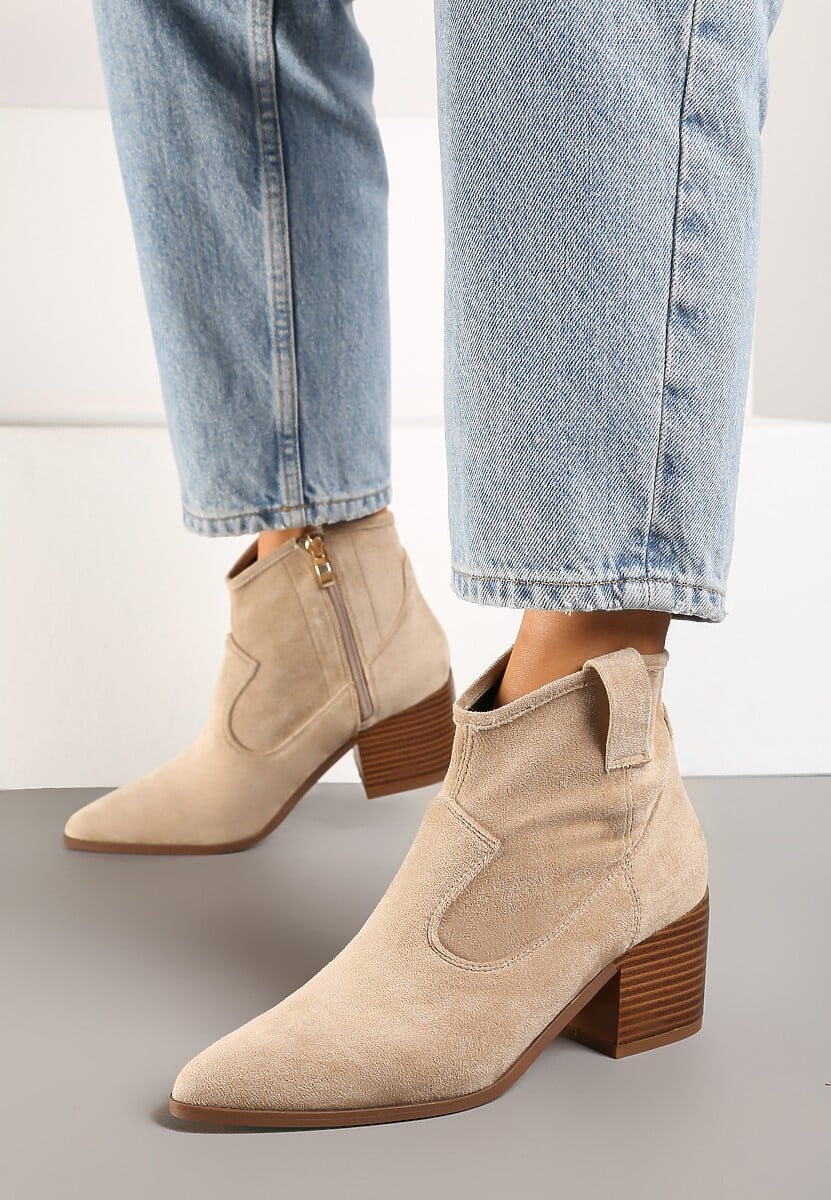 Ciemnobeżowe Botki Vices w Stylu Kowbojek na Obcasie Vertige