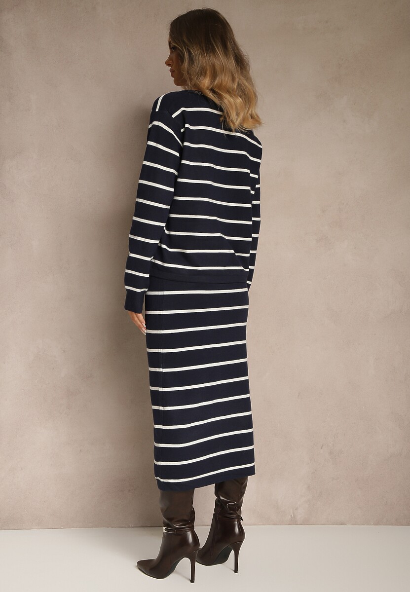 Granatowy Komplet z Wiskozą Spódnica i Bluzka z Guzikami Ozdobione Paskami Forrive