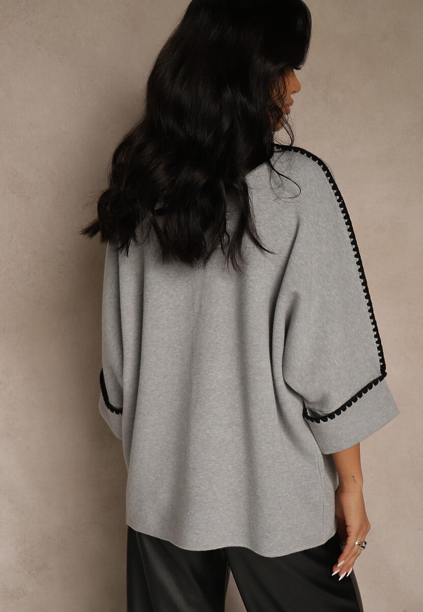 Szary Sweter Ozdobiony Lamówką na Rękawach Tusenna