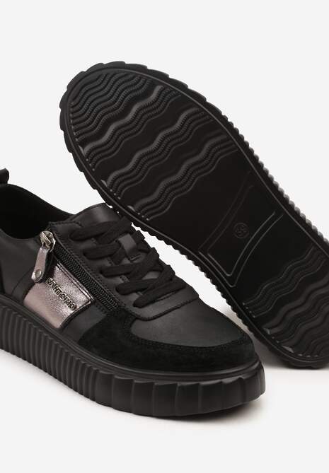 Czarne Sneakersy ze Skóry Naturalnej z Metalicznym Zdobieniem Zorentee