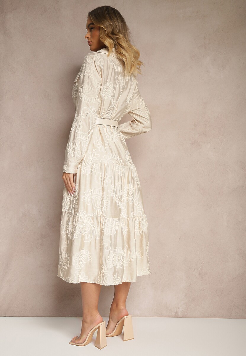 Beżowa Wiskozowa Rozkloszowana Sukienka Koszulowa z Bawełną i Paskiem Odivoria