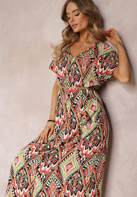 Czerwono-Zielona Sukienka Maxi z Krótkim Rękawem i Sznurkiem w Pasie Nosine