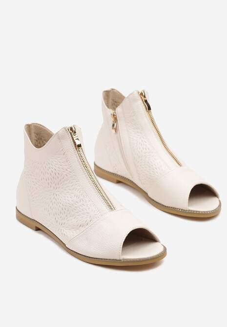 Beżowe Botki ze Skórzaną Wkładką z Tłoczoną Cholewką Lirive