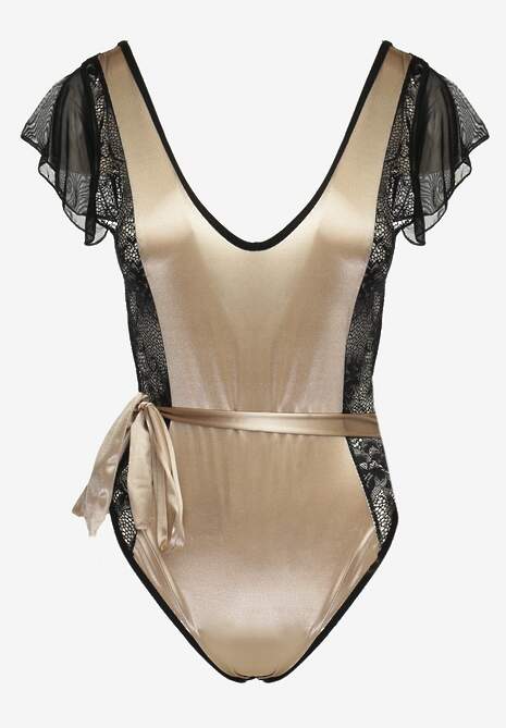 Beżowe Satynowe Body z Koronką i Paskiem w Talii Lierie