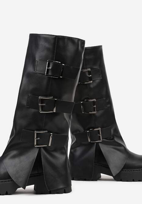 Czarne Kozaki VICES z Wywiniętą Cholewką Zdobioną Sprzączkami Anileria