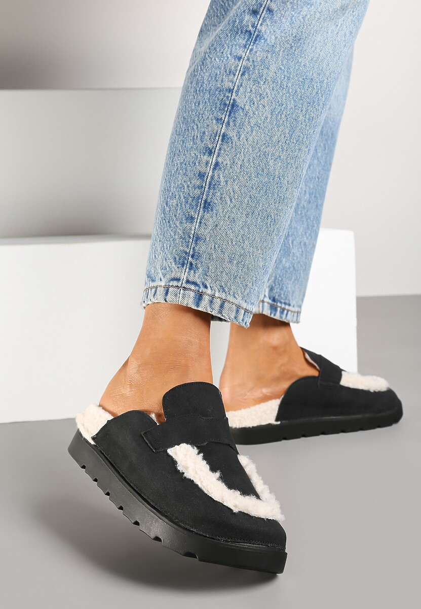 Brązowe Klapki na Platformie Ozdobione Paskiem i Futerkiem w Stylu Baranka Islinna