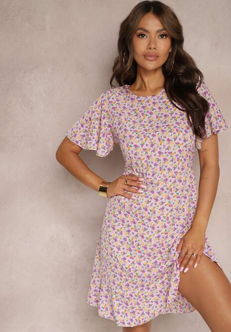 Fioletowa Sukienka Midi o Pudełkowym Kroju w Kwiaty Kimbr