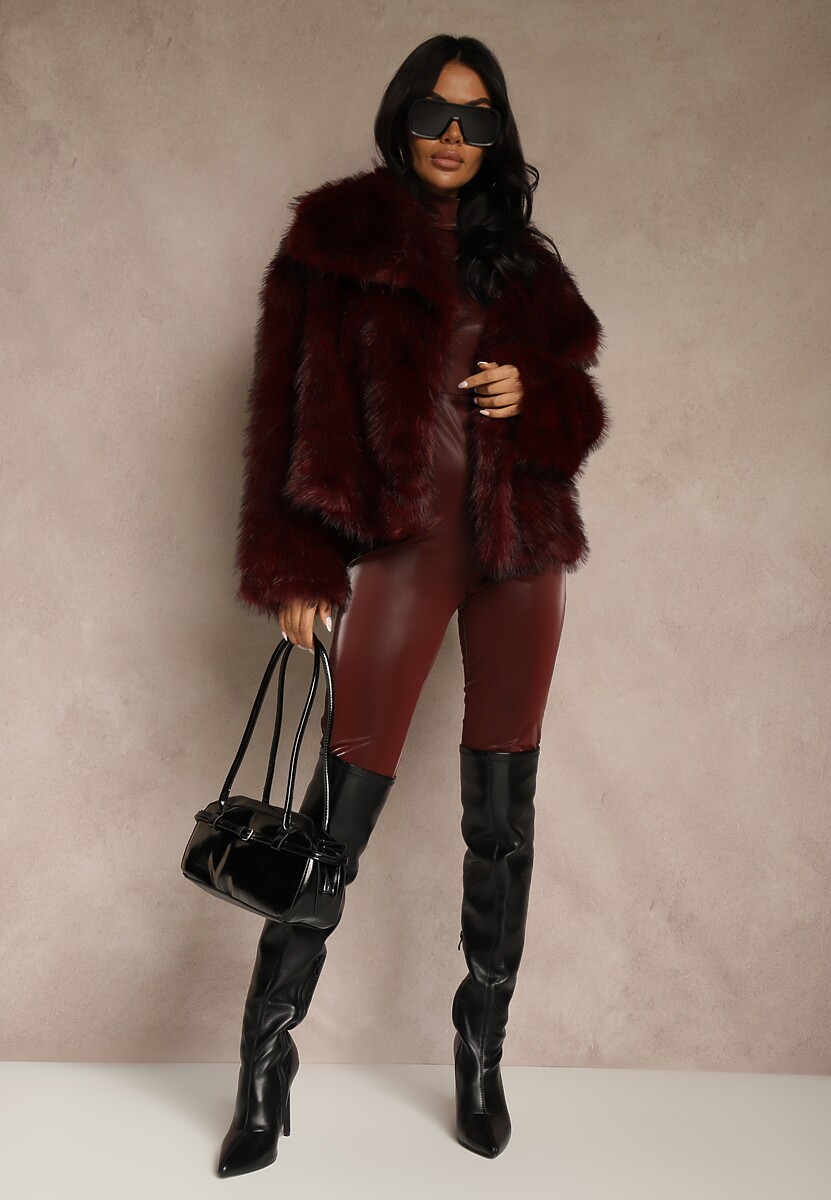 Bordowa Elegancka Kurtka Futerko z Kołnierzem Vertirida