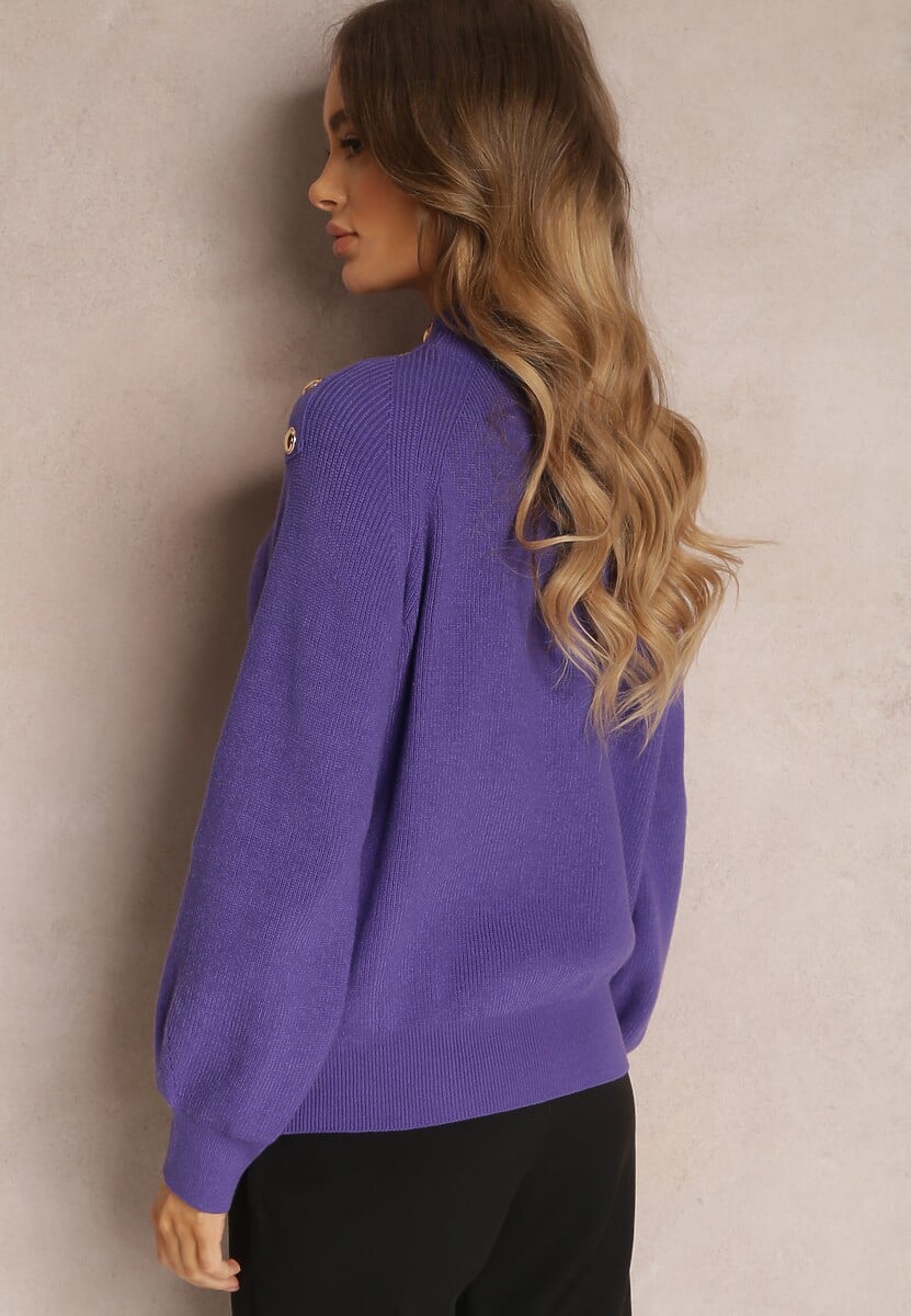 Fioletowy Sweter Dzianinowy z Długim Rękawem i Guzikami Kithi