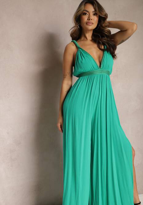 Zielony Kombinezon bez Rękawów z Gumką w Talii z Wiskozy i Lnu Nehir