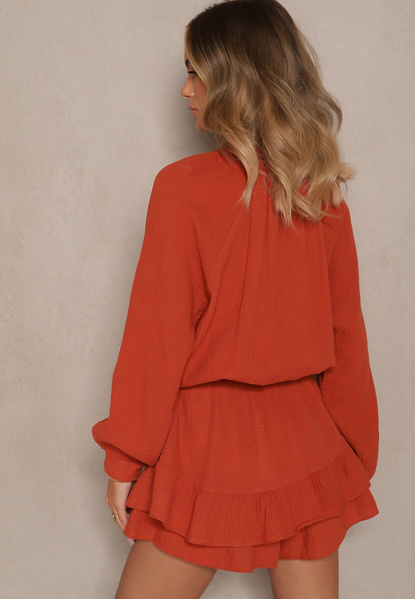 Pomarańczowy Kombinezon z Bawełny ze Spódnico-Spodenkami i Guzikami oraz Gumką w Talii Vimatthea