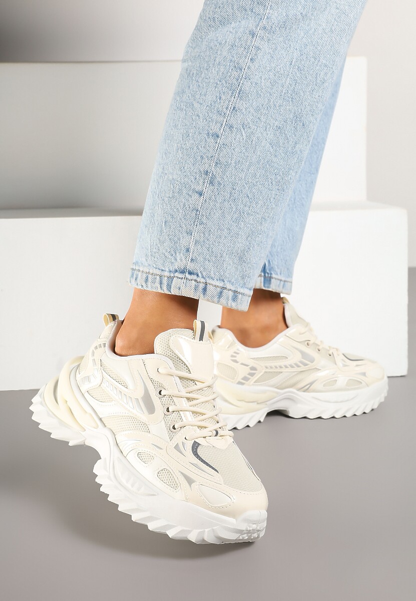 Beżowe Sneakersy na Platformie z Tłoczeniem i Siateczkowymi Wstawkami Galoria