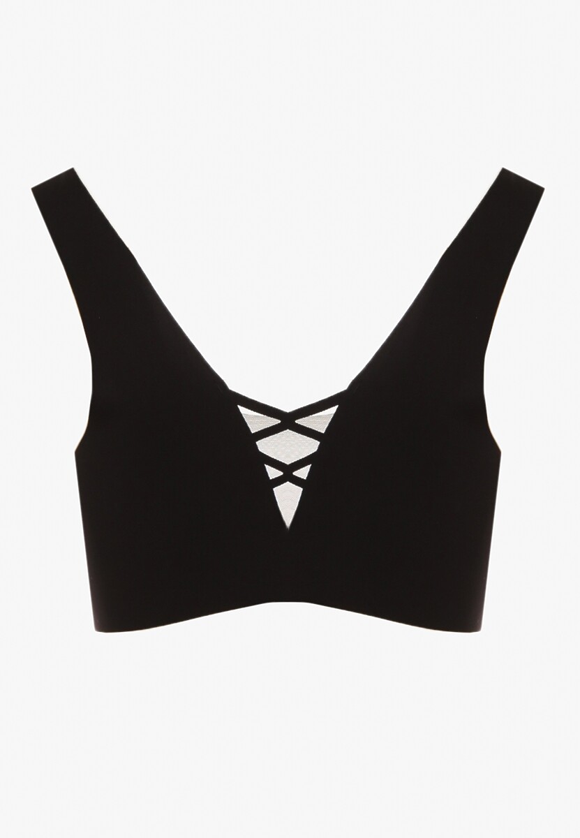 Czarny Sportowy Biustonosz Zdobiony Siateczką i Gorsetową Aplikacją Salinalla