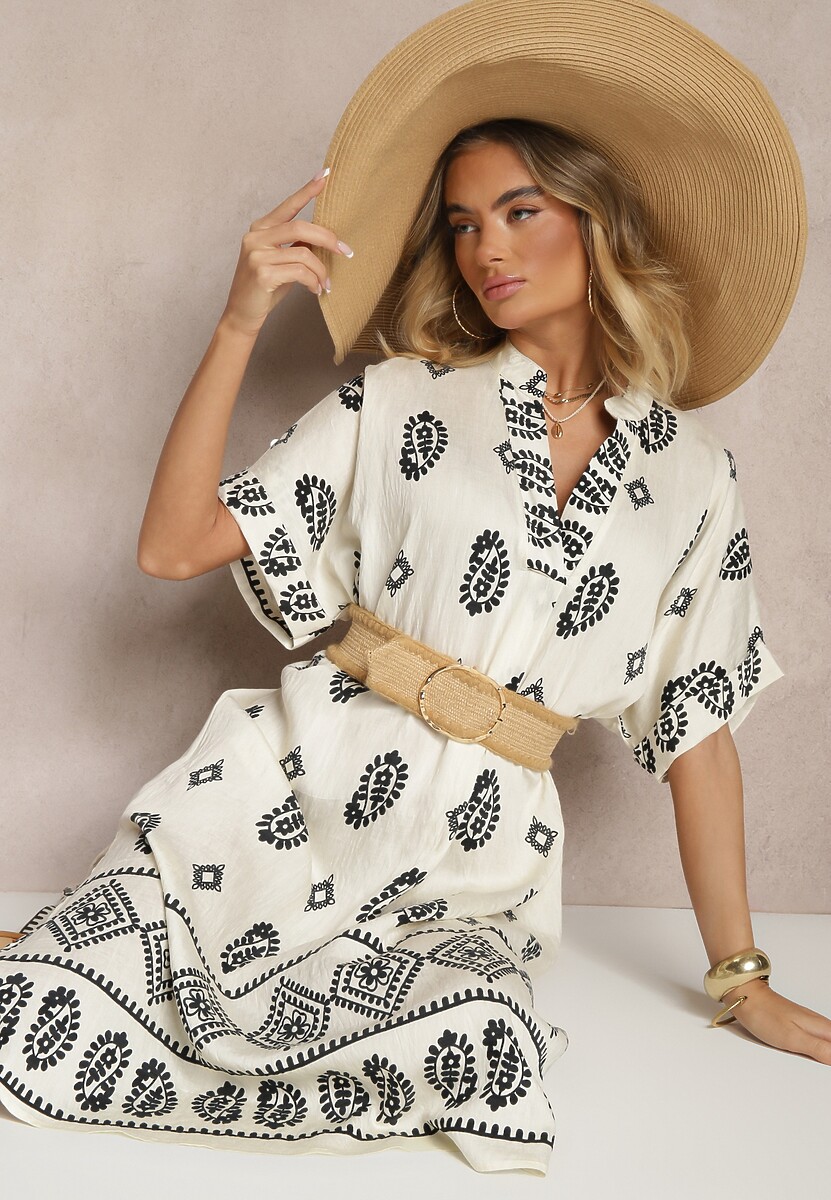 Niebiesko-Kremowa Sukienka z Wiskozy w Stylu Boho o Pudełkowym Kroju z Rozcięciami Virbia