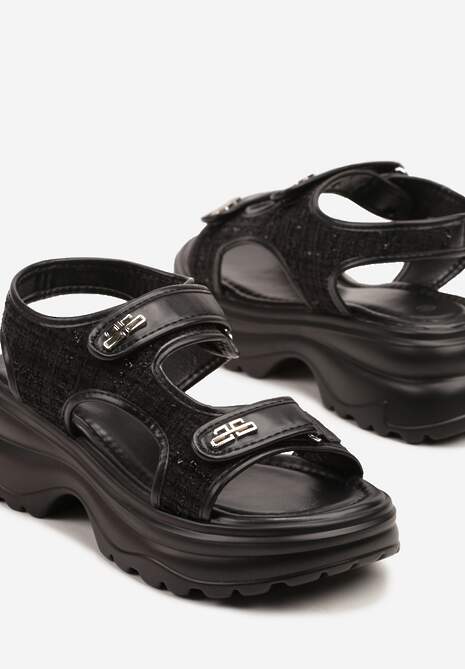 Czarne Sportowe Sandały z Zapięciem na Rzep i Piankową Podeszwą z Tłoczeniami Nimivelle