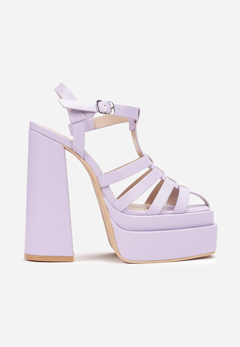 Fioletowe Sandały na Wysokim Słupku i Platformie z Kwadratowym Noskiem i Sprzączką Lakota
