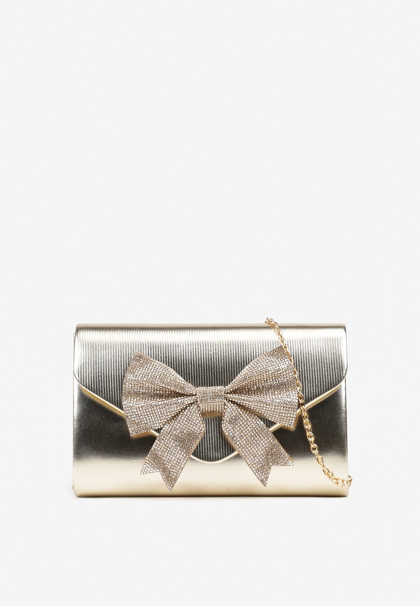 Złota Torebka Kopertówka z Łańcuszkiem Zdobiona Kokardą z Cyrkonii Erhadia