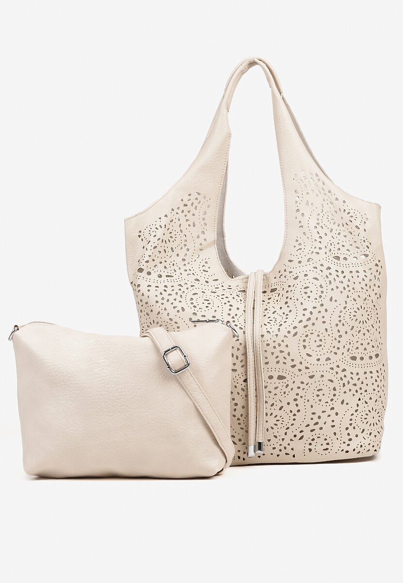 Ciemnobeżowa Torebka Shopper z Ażurowym Wzorem i Dodatkową Saszetką Merabella