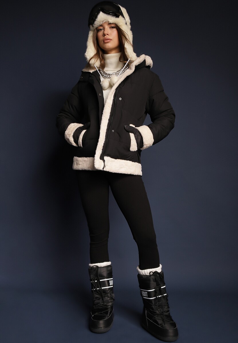 Czarna Futerkowa Kurtka z Kapturem Zdobiona Pikowanym Przeszyciem Ettalia