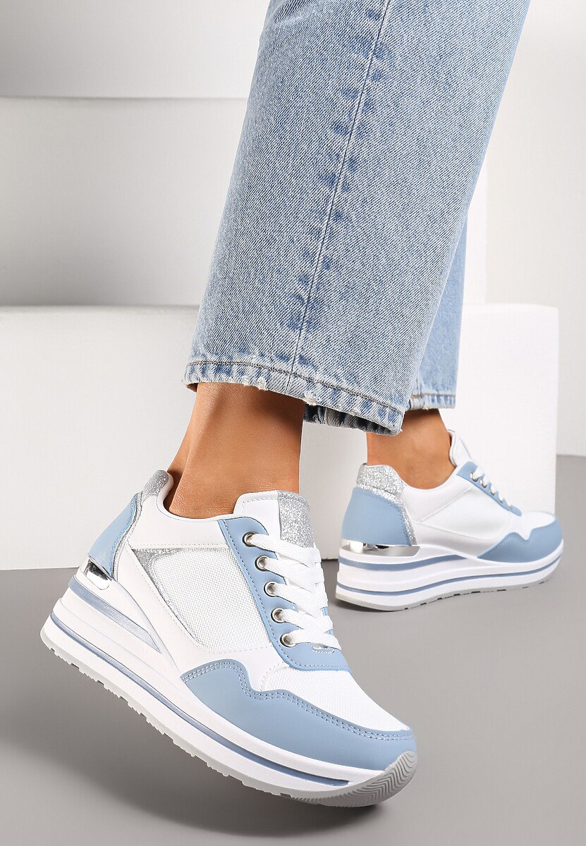 Niebiesko-Białe Sneakersy na Niskiej Platformie ze Wstawkami Brokatowymi Gwenoa