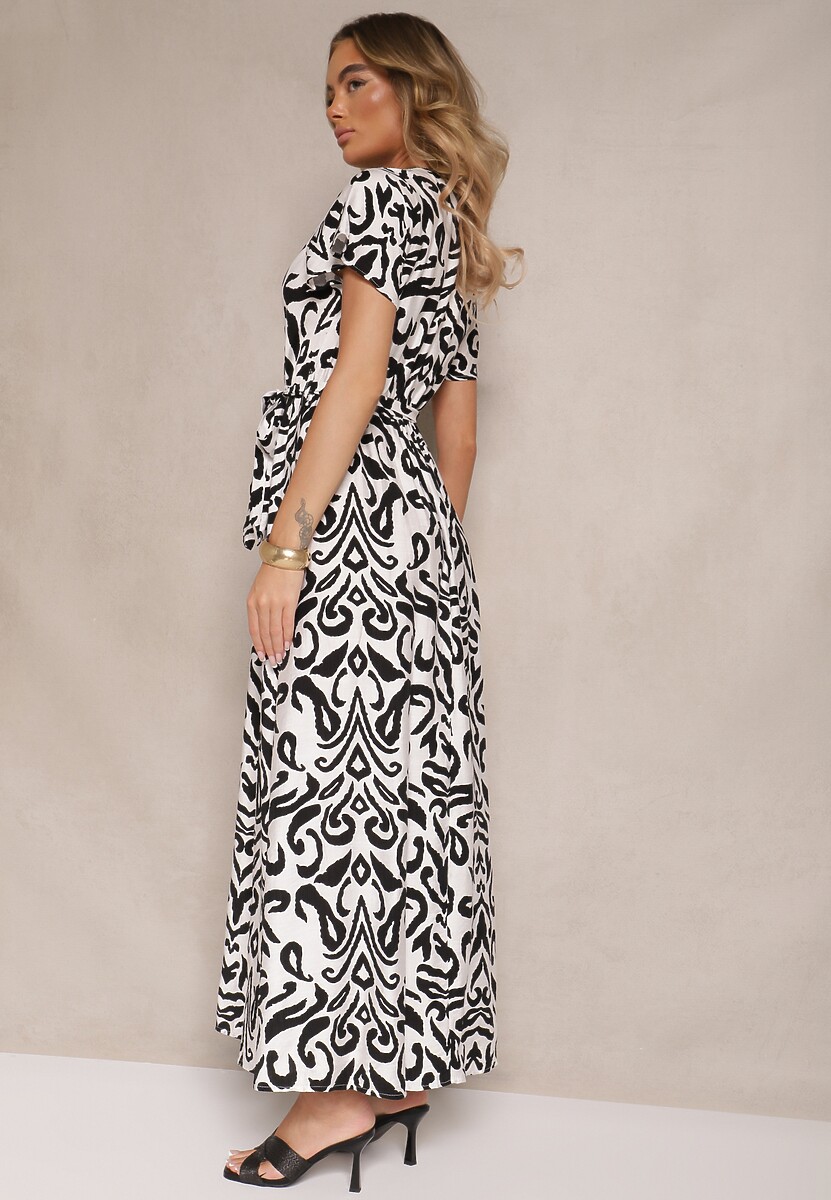 Czarna Kopertowa Sukienka z Wiskozy z Wiązanym Paskiem Norzia