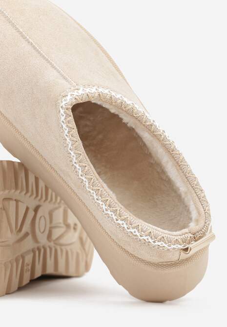 Beżowe Śniegowce z Ekozamszu na Platformie z Niską Cholewką z Ozdobnym Haftem Garvia