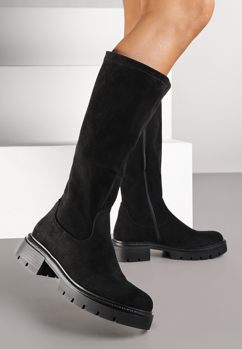 Czarne Kozaki z Imitacji Zamszu w Stylu Basic Fesamea