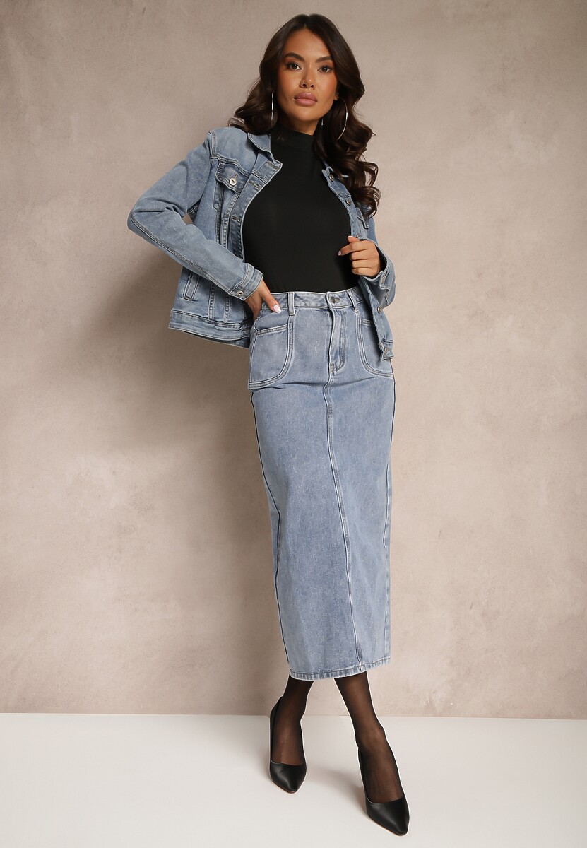 Niebieska Spódnica Jeansowa Midi z Wysokim Stanem Zakila