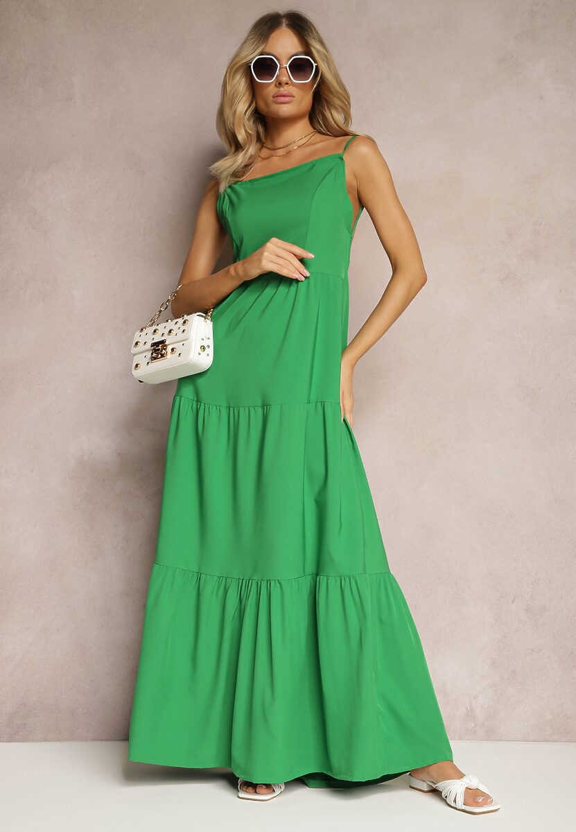 Zielona Sukienka o Rozkloszowanym Fasonie Wiązana i Wykończona Gumką z Tyłu Hililena