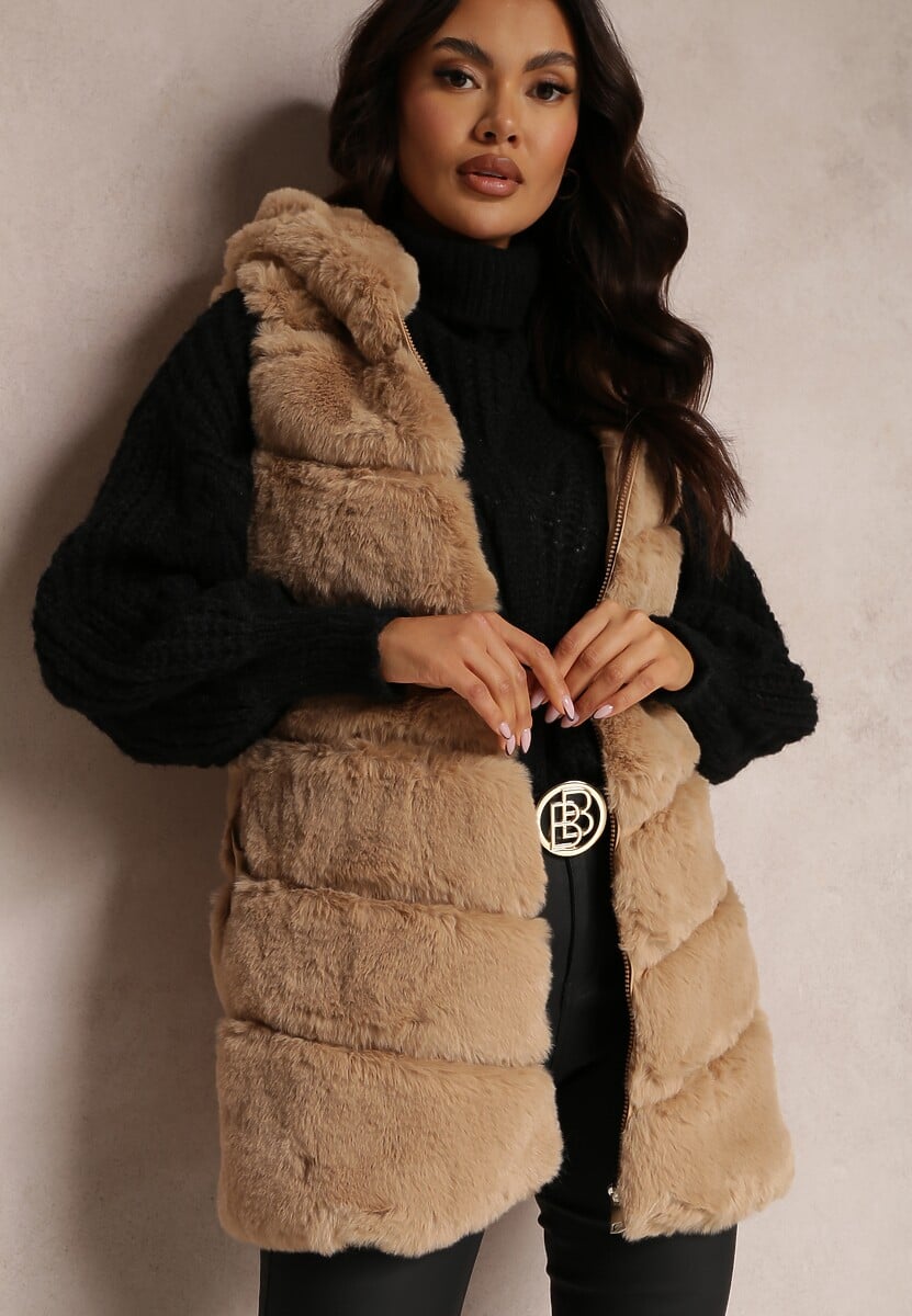 Ciemnobeżowa Kamizelka Futrzana z Kapturem Nedelcu