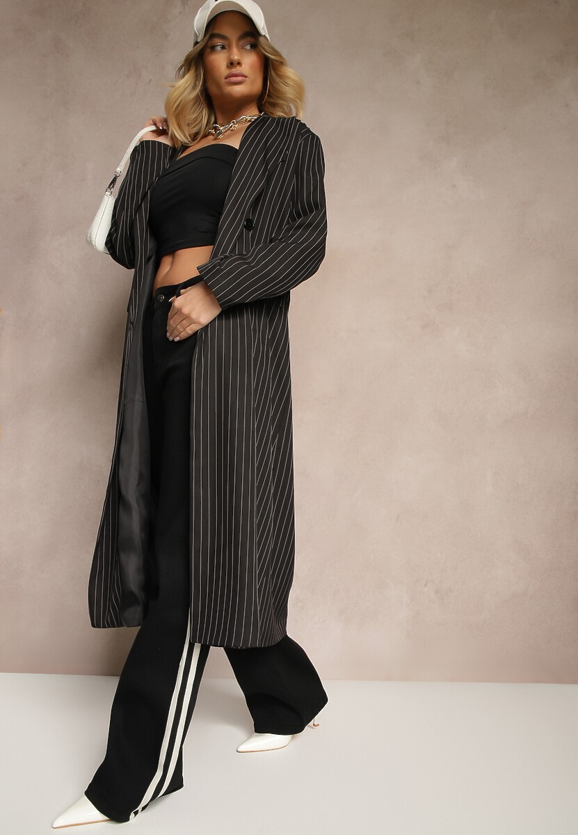 Szary Płaszcz o Dwurzędowym Kroju w Stylu Marynarki w Paski Lanaritia