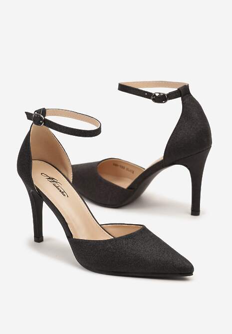 Czarne Brokatowe Szpilki Czółenka z Zapięciem przy Kostce Bregelia