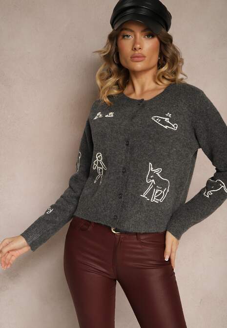 Szary Kardigan z Wełną na Guziki z Haftowanym Wzorem Nelyra