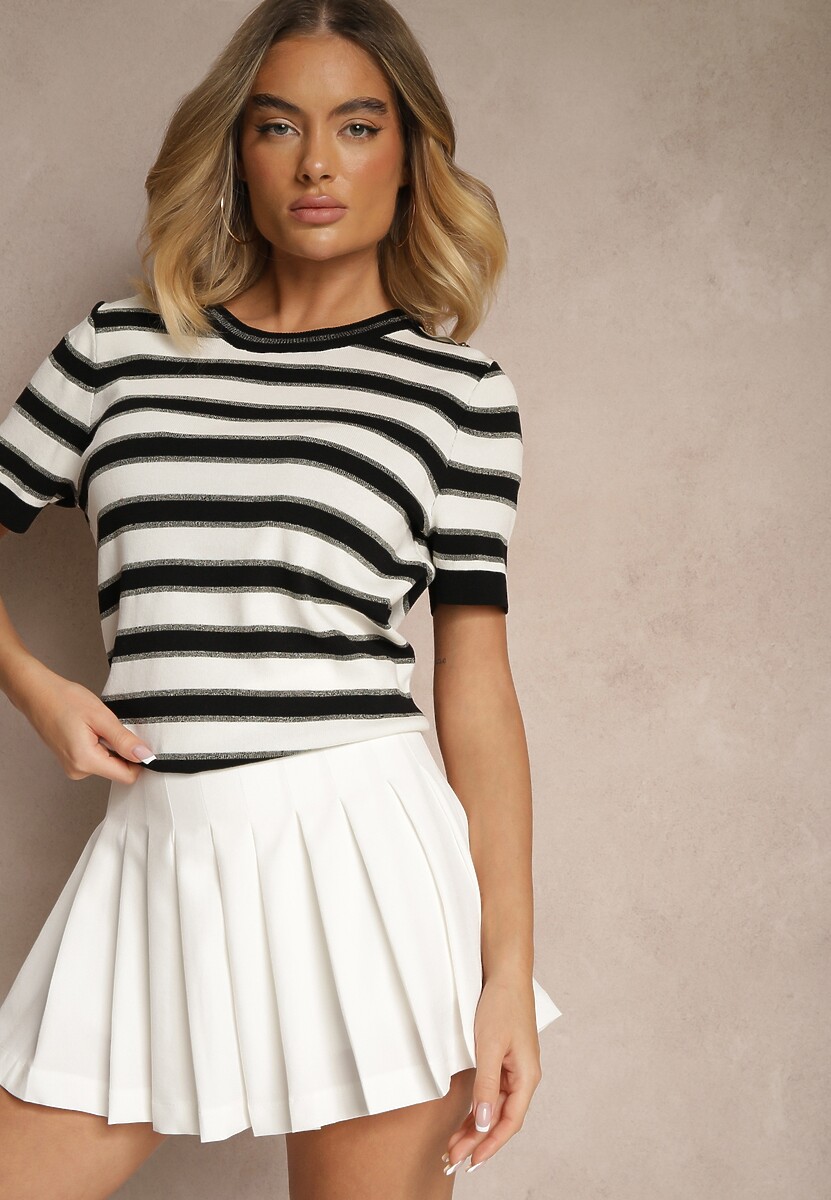 Czarno-Biała Wiskozowa Bluzka w Paski z Metaliczną Nicią Cyrkoniami i Guzikami Lorasa