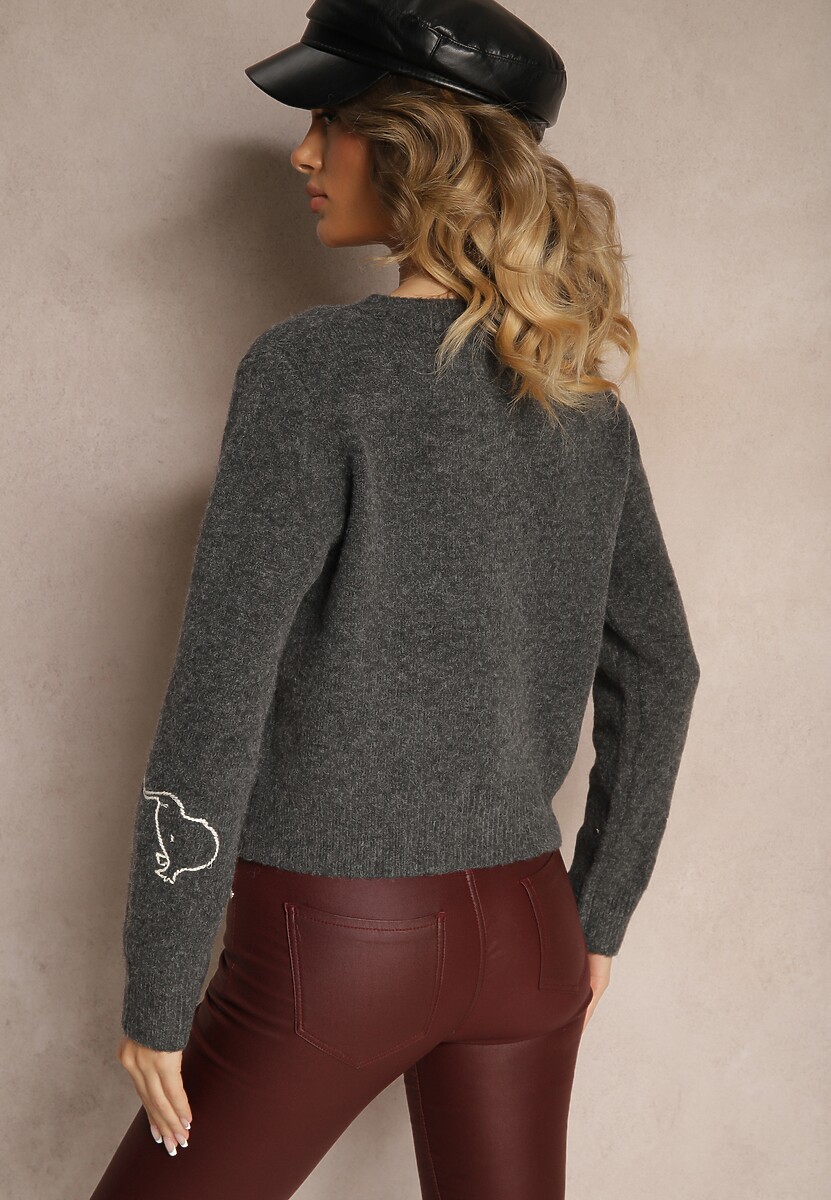 Szary Kardigan z Wełną na Guziki z Haftowanym Wzorem Nelyra