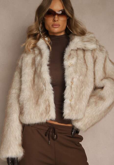 Beżowa Kurtka Futerko o Fasonie Cropped z Kołnierzem Abentia