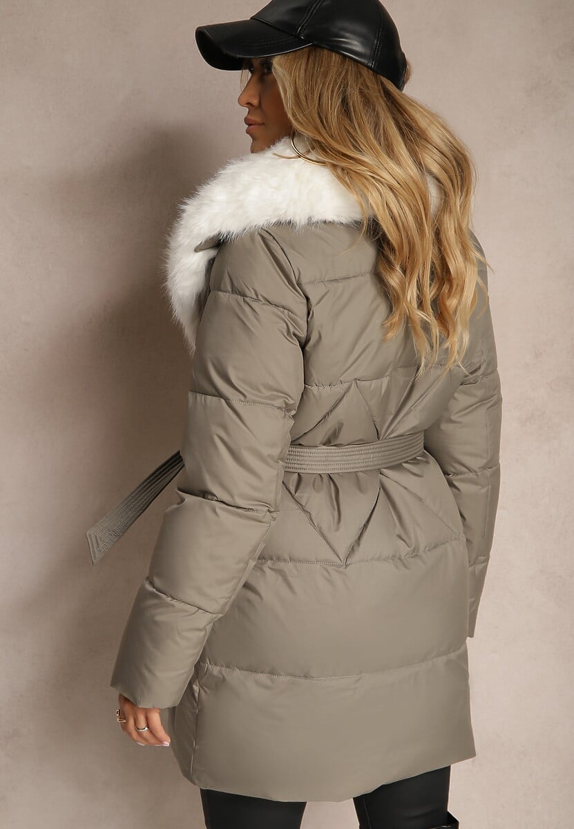 Szara Kurtka Ozdobiona Pikowaniem Odpinanym Kołnierzem z Futerkiem i Paskiem Edanora