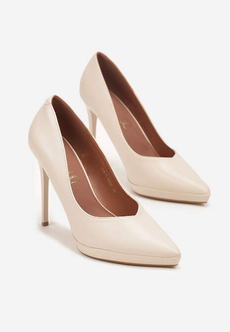 Jasnobeżowe Szpilki Vices na Grubej Podeszwie z Wkładką ze Skóry Naturalnej Ahrrie