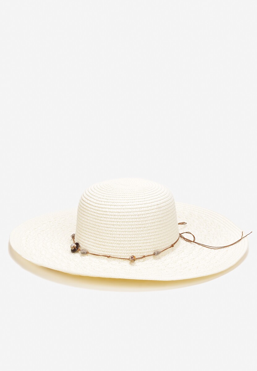 Beżowy Szeroki Kapelusz Pleciony ze Sznurkiem z Kamyczkami Chira