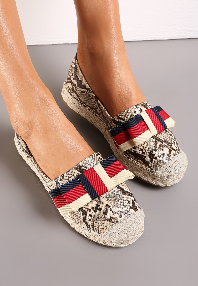 Beżowe Espadryle z Imitacji Skóry Węża na Plecionej Podeszwie z Ozdobną Taśmą Realyn
